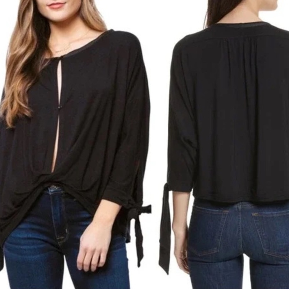 Free People Black Keepin On Tie Sleeve Tee Blouse Size M